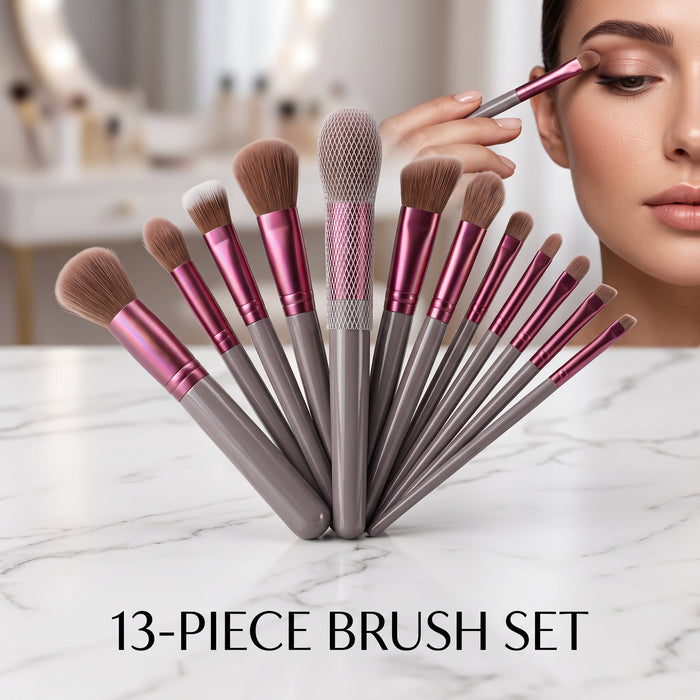 13-in-1 Professional Makeup Brush Set – Complete Face & Eye Blending, Contouring & Application Kit with Pouch