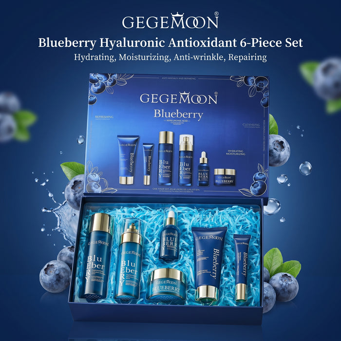 Blueberry & Hyaluronic Acid 6-in-1 Skincare Set – Antioxidant Brightening, Deep Hydrating & Plumping Routine Kit