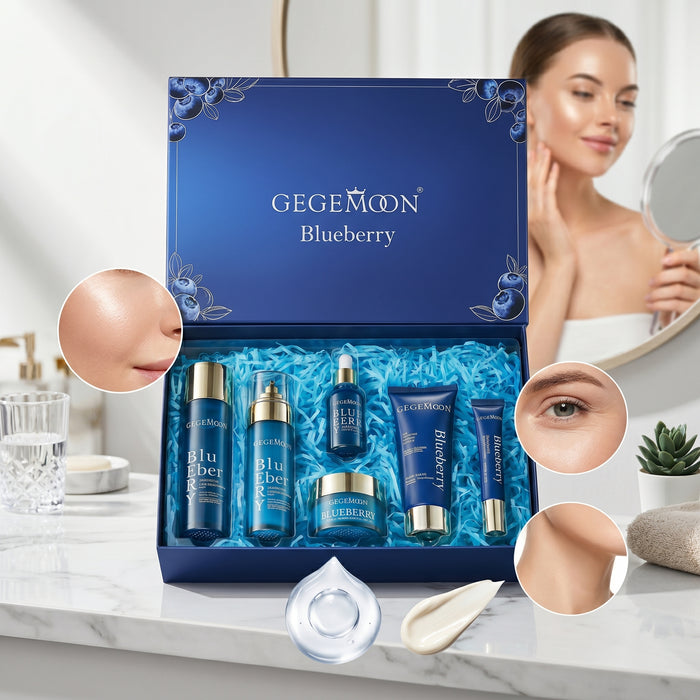 Blueberry & Hyaluronic Acid 6-in-1 Skincare Set – Antioxidant Brightening, Deep Hydrating & Plumping Routine Kit